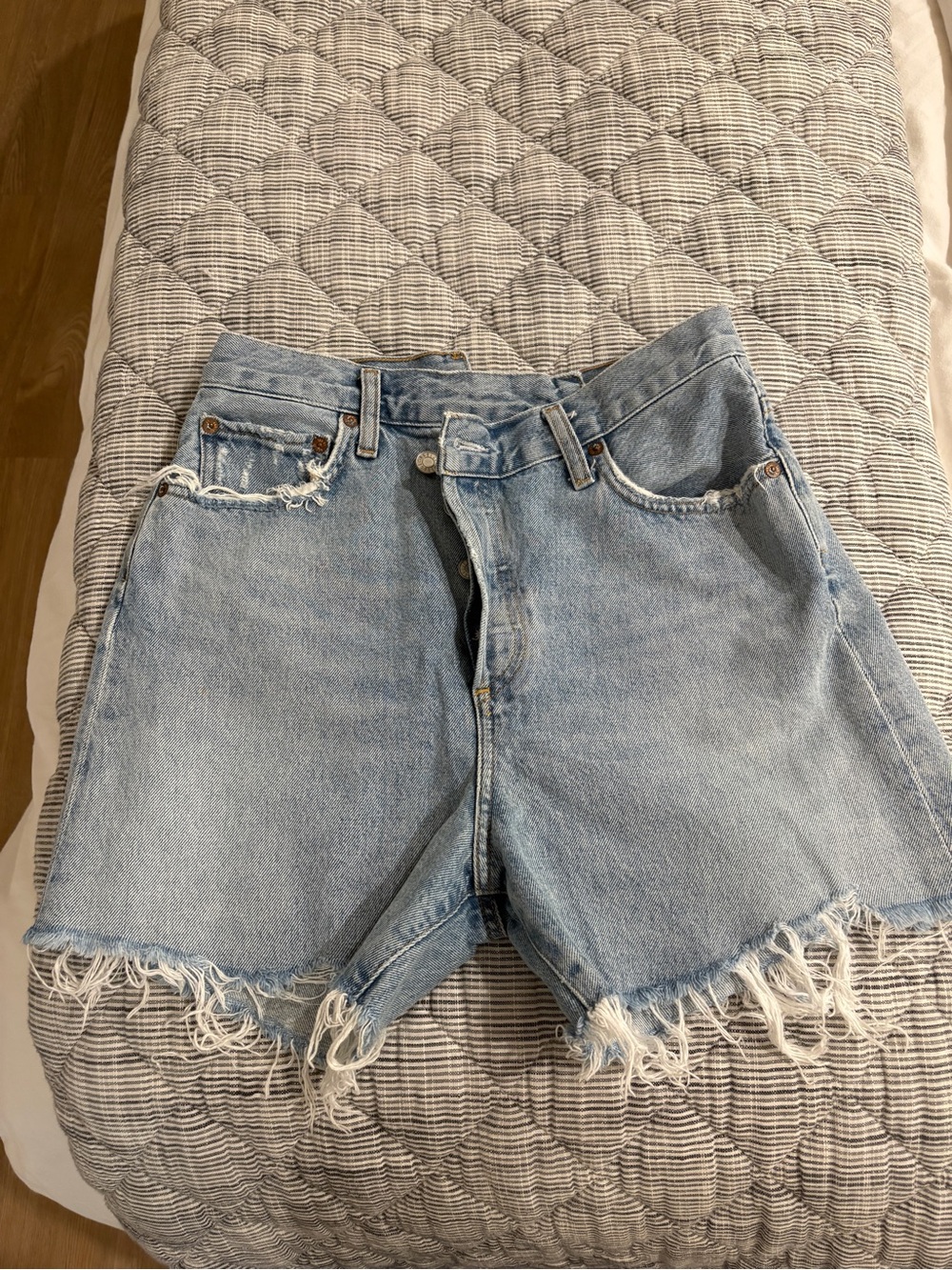 Agolde Light Blue Distressed Frayed Hem Denim Shorts